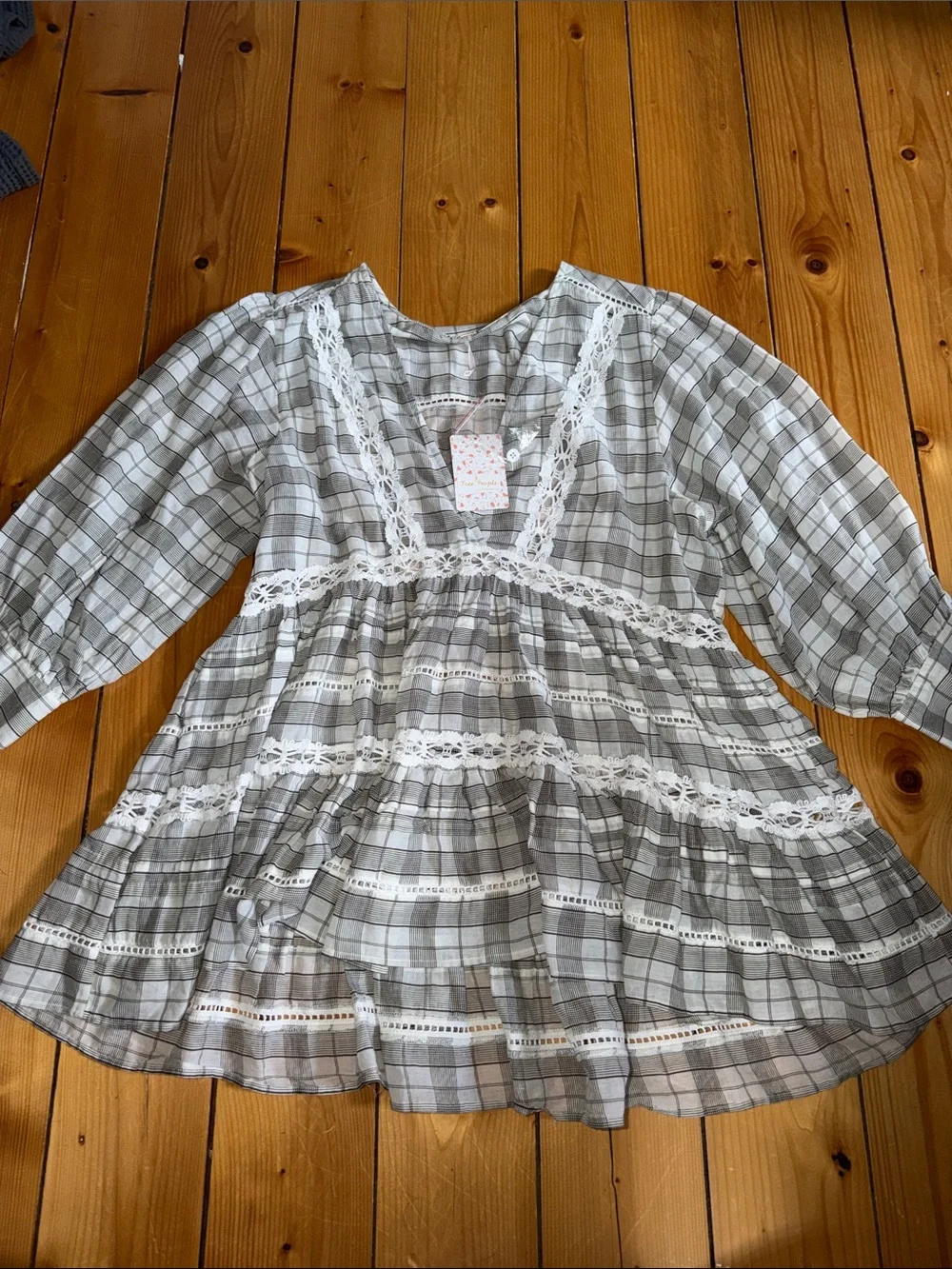 Free People NWT Gray Plaid Lace Trim Dress 100% Cotton